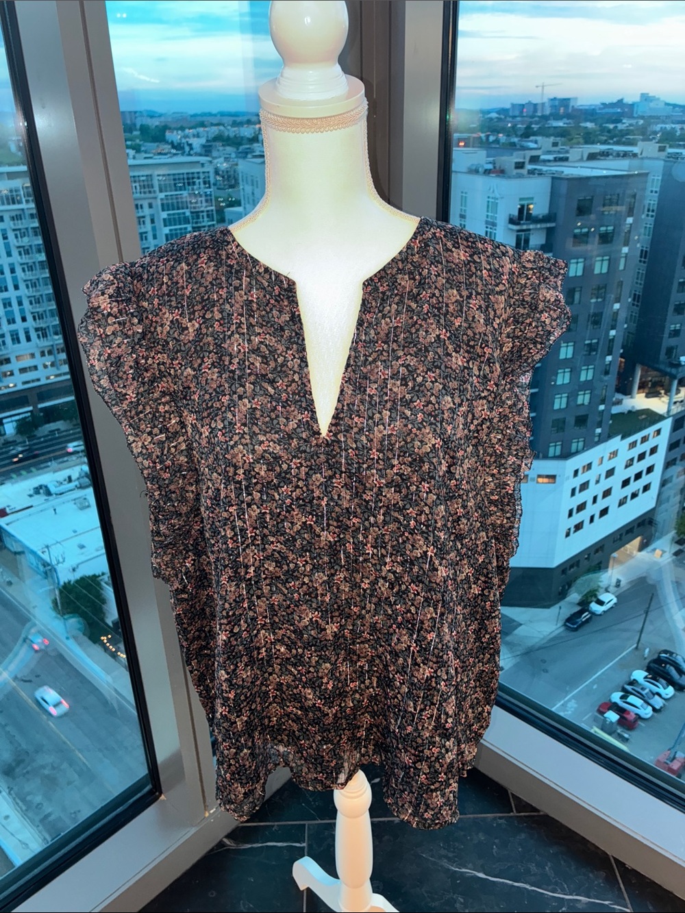 Lucky Brand Black Floral Split-Neck Blouse with Pink Accents